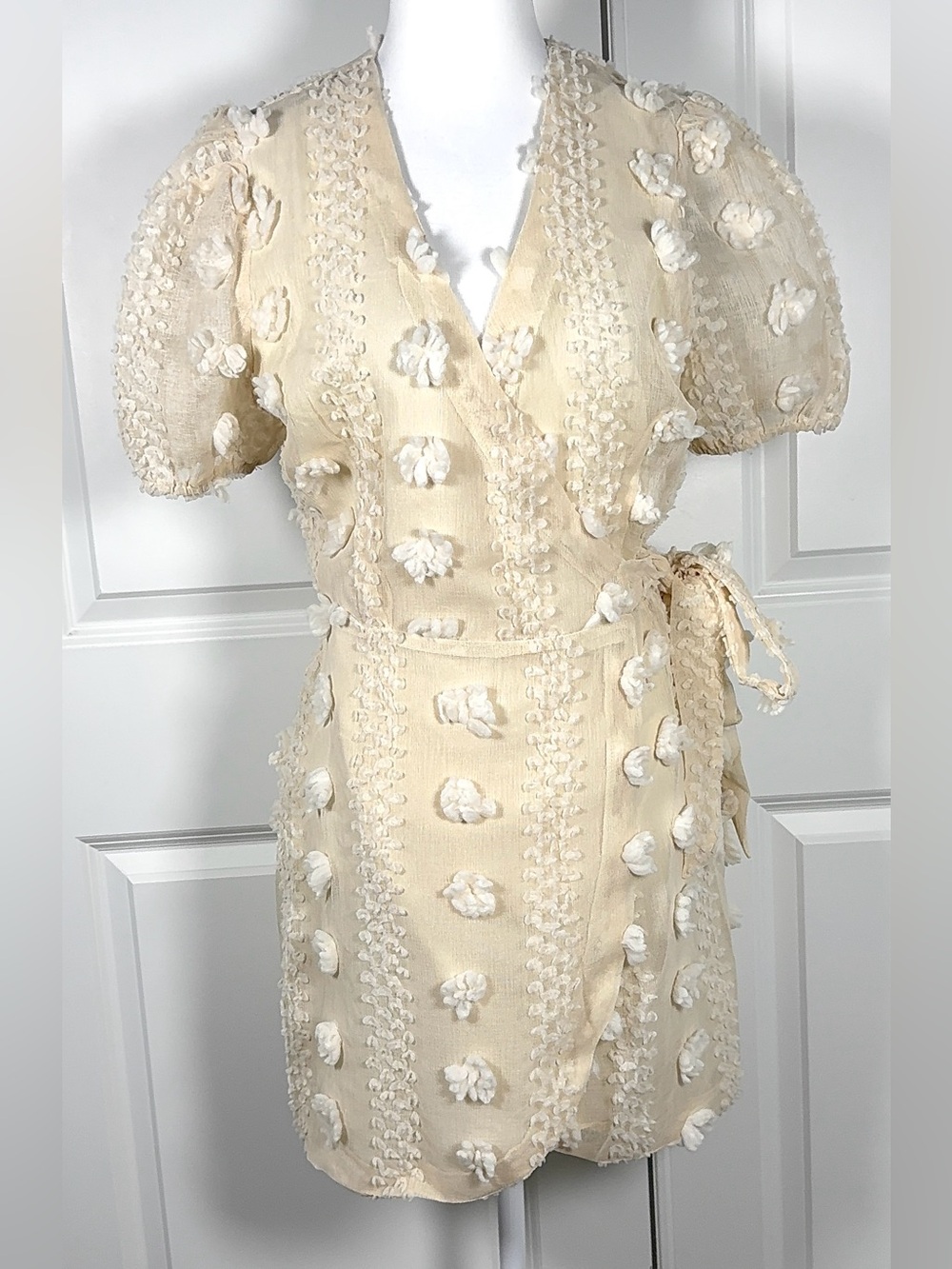 Strut & Bolt Floral Wrap Mini Dress Puff Sleeve Cottagecore Bridal Honeymoon S